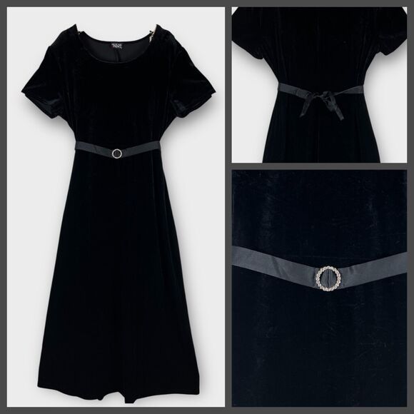 90s Black Short Sleeve Maxi Belted Velvet Dress Evening Gothic Size 12 - Picture 1 of 9